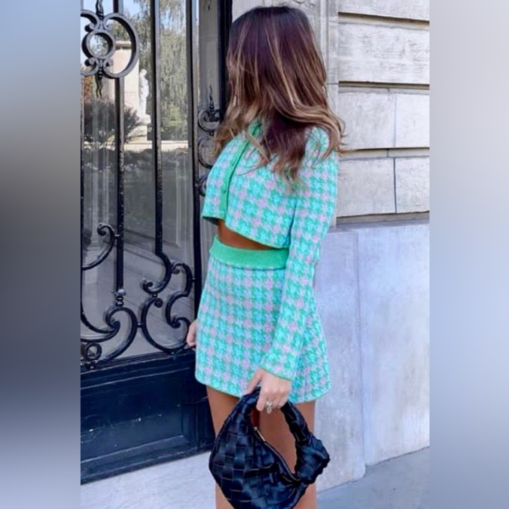Stylish Green Houndstooth Skirt and cardigan set